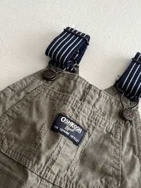 OshKosh B'gosh Olive Green Overalls with Navy Striped Straps